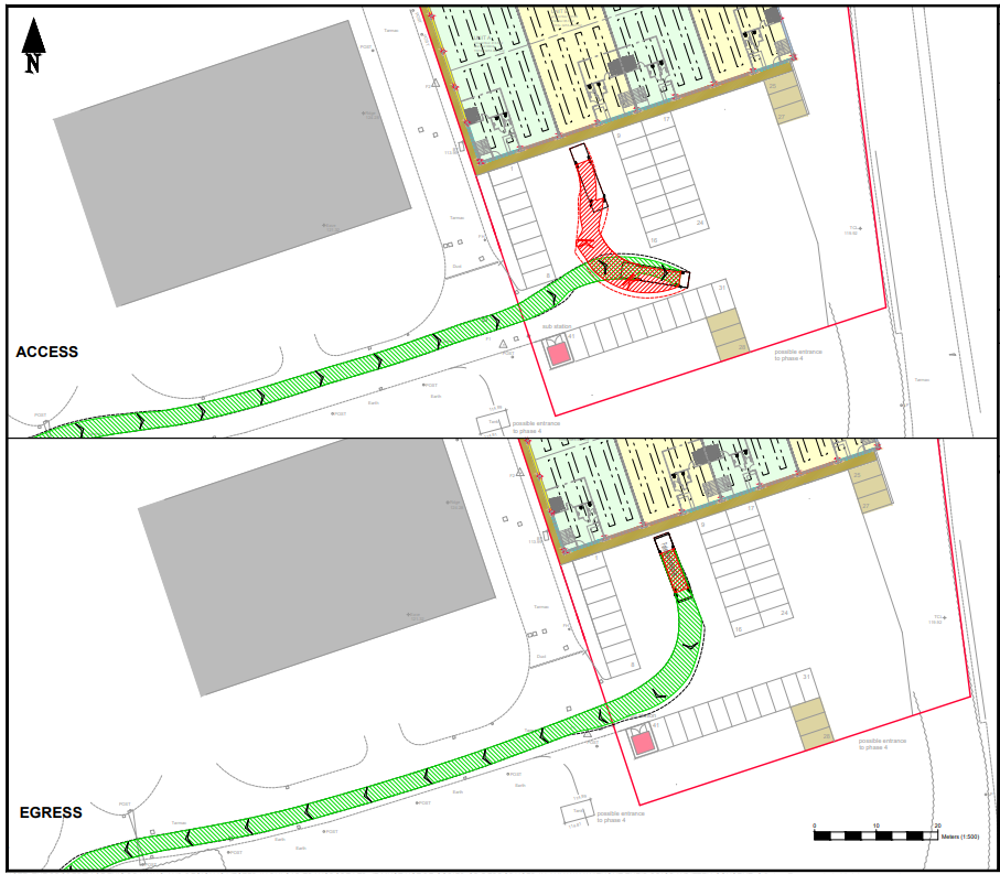 Vehicle tracking diagrams showing access and egress at Buntingford Business Park