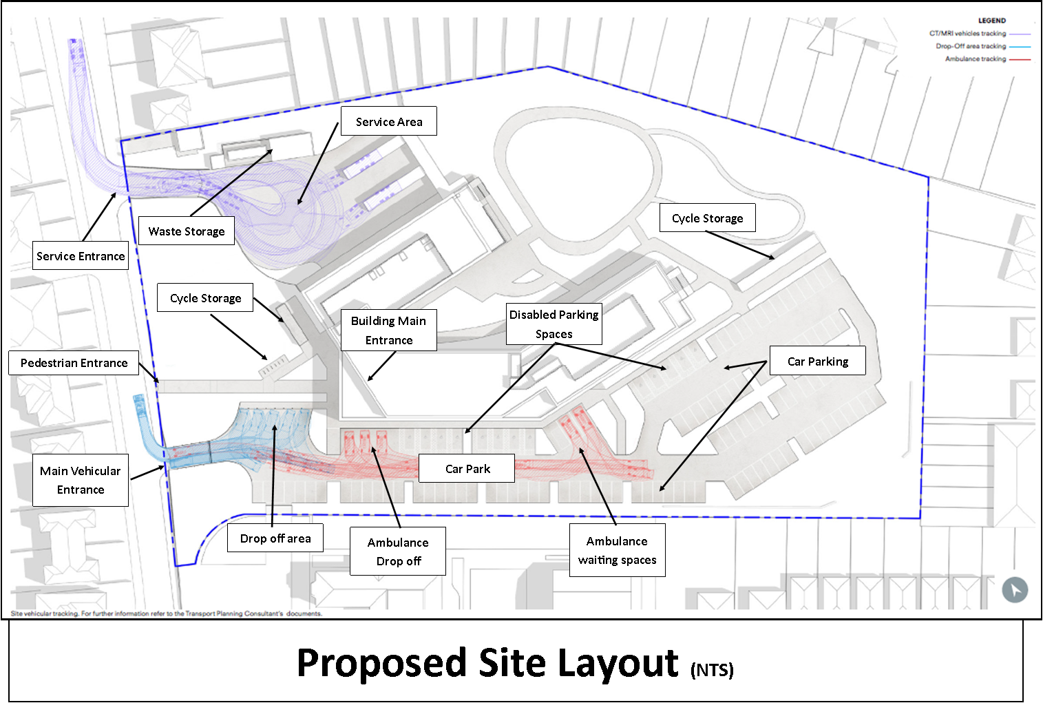 Proposed health hub layout showing entrances, cycle storage, parking, ambulance drop-off and servicing