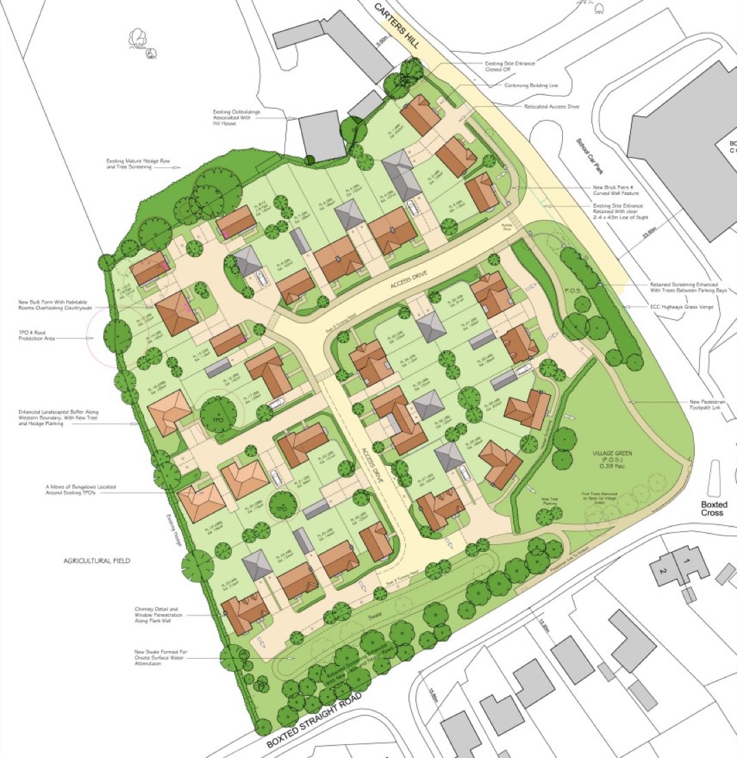 Residential site layout showing proposed homes, access roads, parking and green space